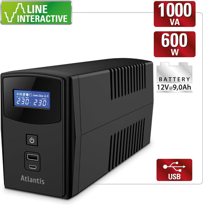 Atlantis A03-S1000P Ononderbroken stroomvoorziening, pseudosinusgolf, 1000 VA, 600 W, Line Interactive, LCD-display, Dual Front USB-poort, 2 Schuko-uitgangen, geïntegreerde Alim-kabel, USB, 1 accu 12