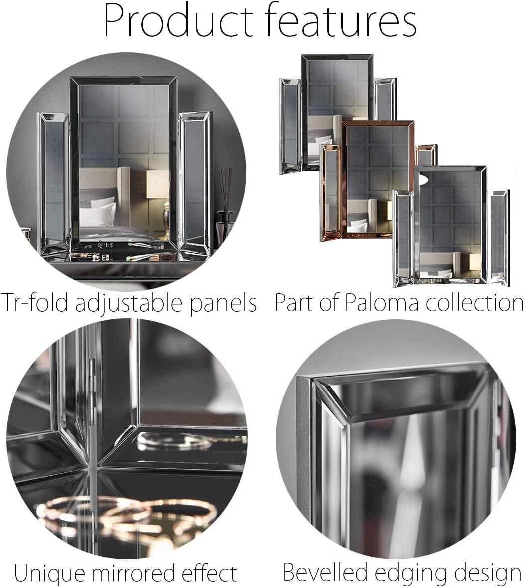 CARME Paloma Tri-Fold Makeup Mirror Beveled Glass Design Folded Tabletop Bedroom Dressing Vanity Table - QUORE