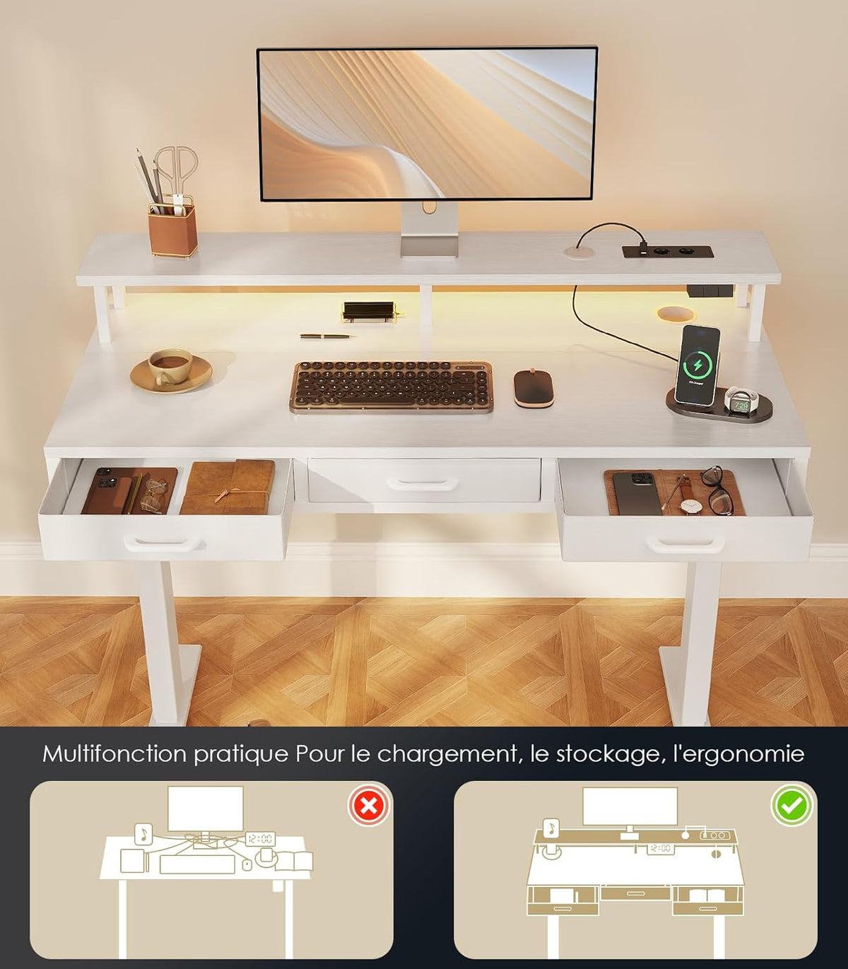 OffiGo Elektrisch bureau met laden, 120cm In hoogte verstelbaar bureau met monitorstandaard, Staand bureau met stopcontacten en lichtstrip, In hoogte verstelbaar bureau Office desk, Wit