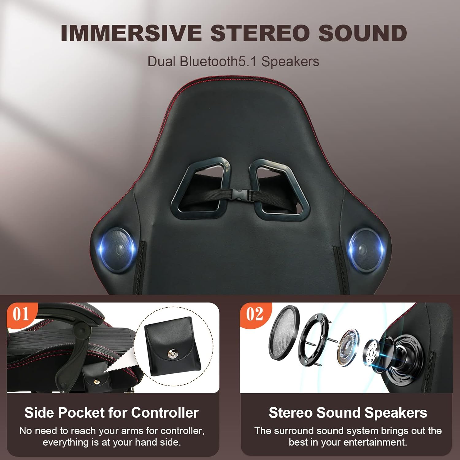 GTPLAYER Ergonomic Gaming Chair, Office Chair, Racing Chair with Footrest and Speakers, Load Capacity up to 150 kg, Black-Red - QUORE