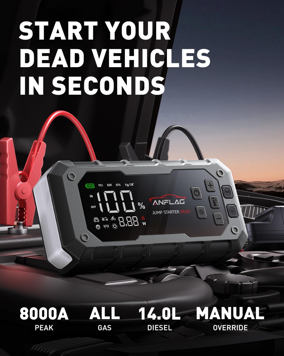 Jump Starter Power Pack met Luchtcompressor – Auto Accu Booster – Startbooster – Noodstarter – Powerbank – 7000A Starthulp voor 12V Voertuigen – Ingebouwde 160 PSI Compressor