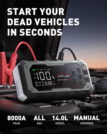 Jump Starter Power Pack met Luchtcompressor – Auto Accu Booster – Startbooster – Noodstarter – Powerbank – 7000A Starthulp voor 12V Voertuigen – Ingebouwde 160 PSI Compressor