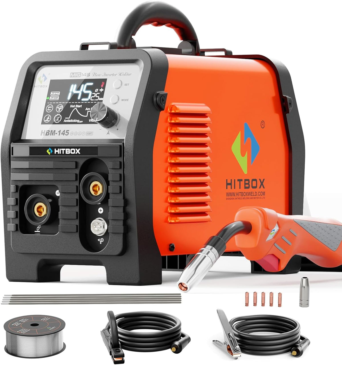 HITBOX 145A Draagbare MIG-lasser | 230V Gasloze 4-in-1 Lasapparaat | MIG/ARC/Lift TIG/Spool Gun | Digitaal Inverterlassen met LED-scherm voor vlokern & massieve draad (HBM145)
