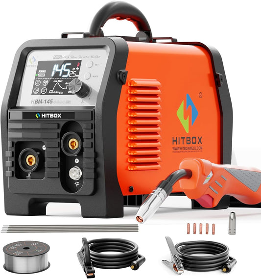 HITBOX 145A Draagbare MIG-lasser | 230V Gasloze 4-in-1 Lasapparaat | MIG/ARC/Lift TIG/Spool Gun | Digitaal Inverterlassen met LED-scherm voor vlokern & massieve draad (HBM145)