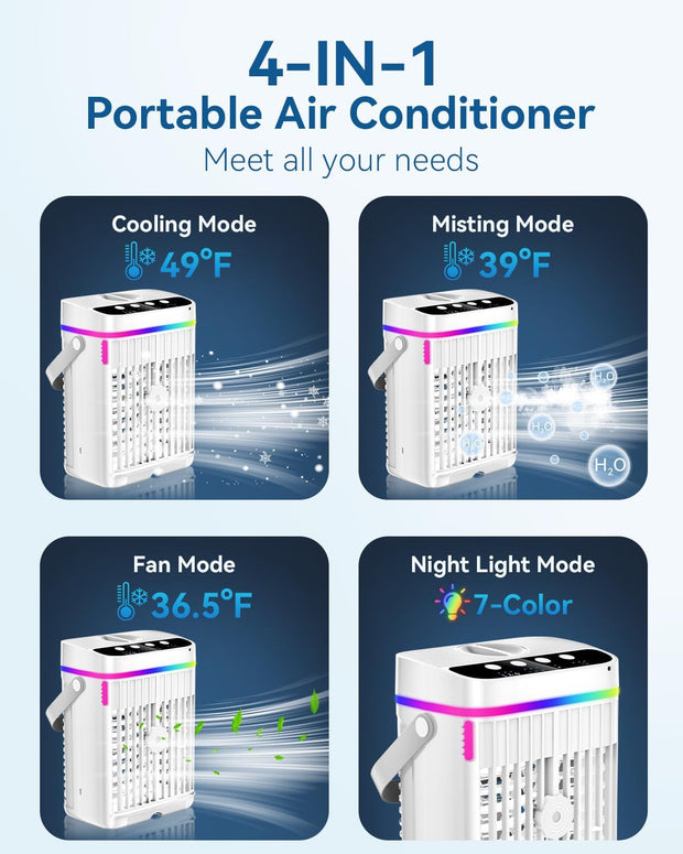 4-in-1 Mobiele Airco - Draagbare Airconditioning - Mini-Airconditioning - 1250 ml - met Timer van 1-3 uur - 3 Snelheden - 3 Nevelmodi - 7-Kleuren-LED - 10W - 5V - 13 x 20 x 27 cm - Wit