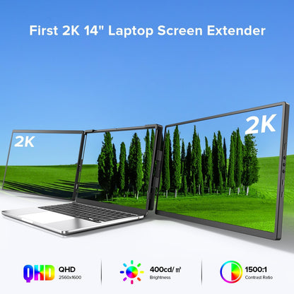 UPERFECT Laptop Screen Extender, 2K 14" 360° Patented Unique Swivel Hinge Triple Monitor, 2240x1400 QHD IPS Portable Dual Monitor for 13.3"-17.3'' Laptops, Plug & Play - QUORE