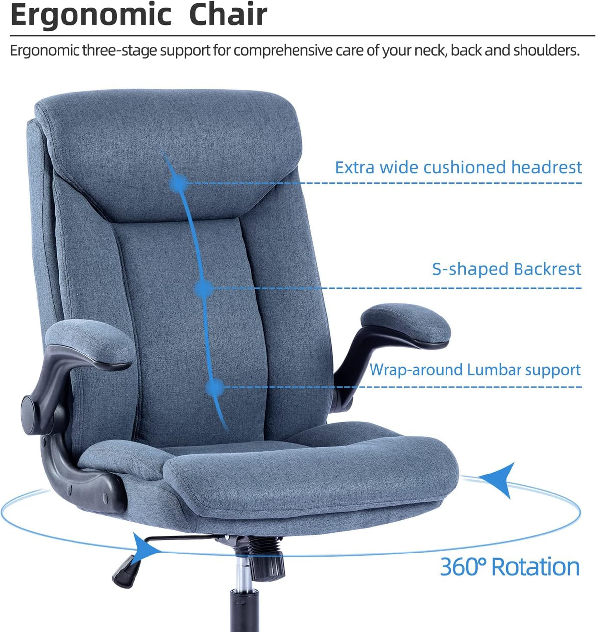 Ergonomische bureaustoel - draaibare werkstoel met opvouwbare armleuning, in hoogte verstelbaar, comfortabel voor kantoor, thuis, gaming (marineblauw)