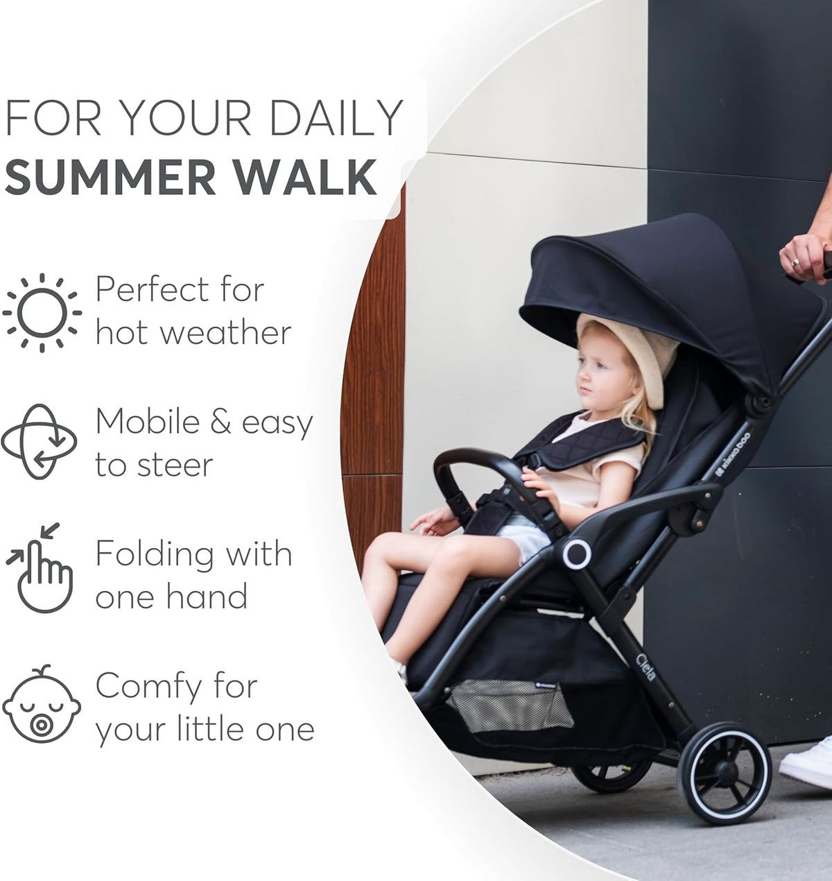 KikkaBoo CIELA Kinderwagen, buggy tot 22 kg, automatisch opvouwen, verstelbare rugleuning, gering gewicht, compact, cabinemaat, zwart