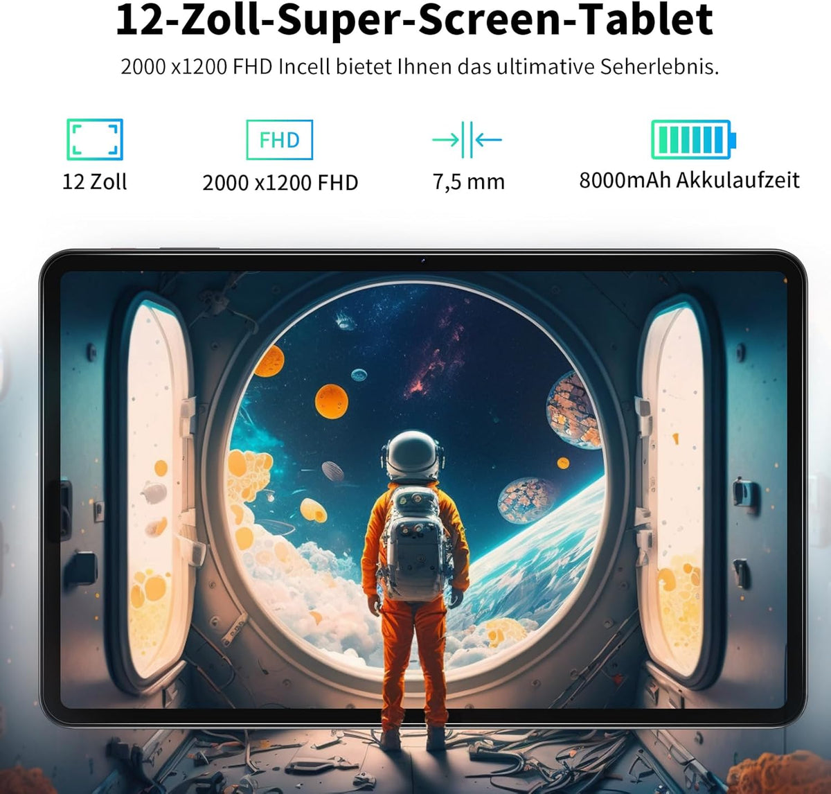 VASOUN Tablet 12 inch, Android Tablet 13 PC, 2K FHD+, 12 inch 256 GB tablets met lederen tas, 4G LTE 5GHz Dual WiFi, Octa-Core, 5MP + 13MP Dual Camera, 8000mAh batterij, entertainment en educatie