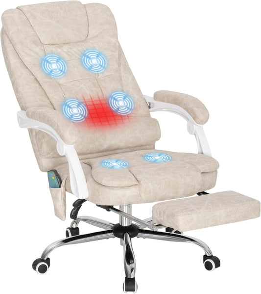Massagestoel – Bureaustoel – Werkstoel – Relaxstoel – Ergonomische Stoel – Verstelbare Zit- en Rughoogte – 6 Vibratiemassagepunten met Verwarming – Crème Microvezel - QUORE