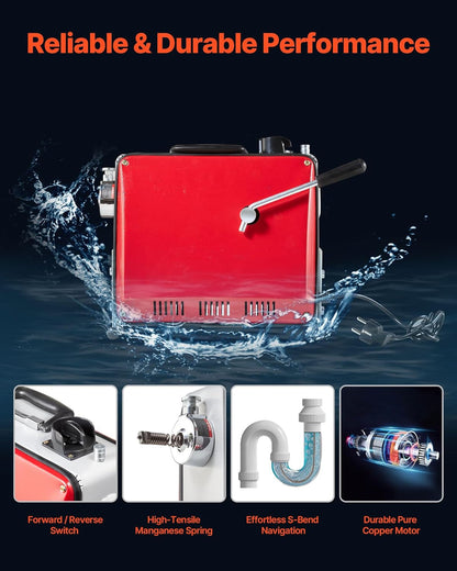 VEVOR Electric Pipe Cleaner for Pipe Drainage with Cable, 400 W, 1400 RPM, Spring Cable Made of Steel, Pipe Cleaner with 6 Cutting Machines, Diameter 50-110 mm