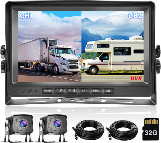Hikity Achteruitrijcamera, set van 2 camera's, 9 inch lcd-monitor, groothoek, nachtzicht, IP69 waterdicht, 1080p backup camera, 32G SD-kaart voor vrachtwagen, aanhanger, bus, bestelwagen, landbouw,