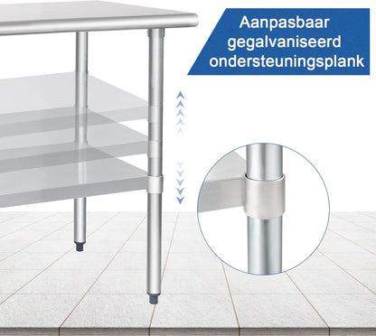 HARDURA Roestvrij Staal Tafel 61×152 cm met Onderkast en Gegalvaniseerde Benen Zware Duty Commercieel Voedselbereidingstafels voor Restaurant Keuken Thuis en Hotel