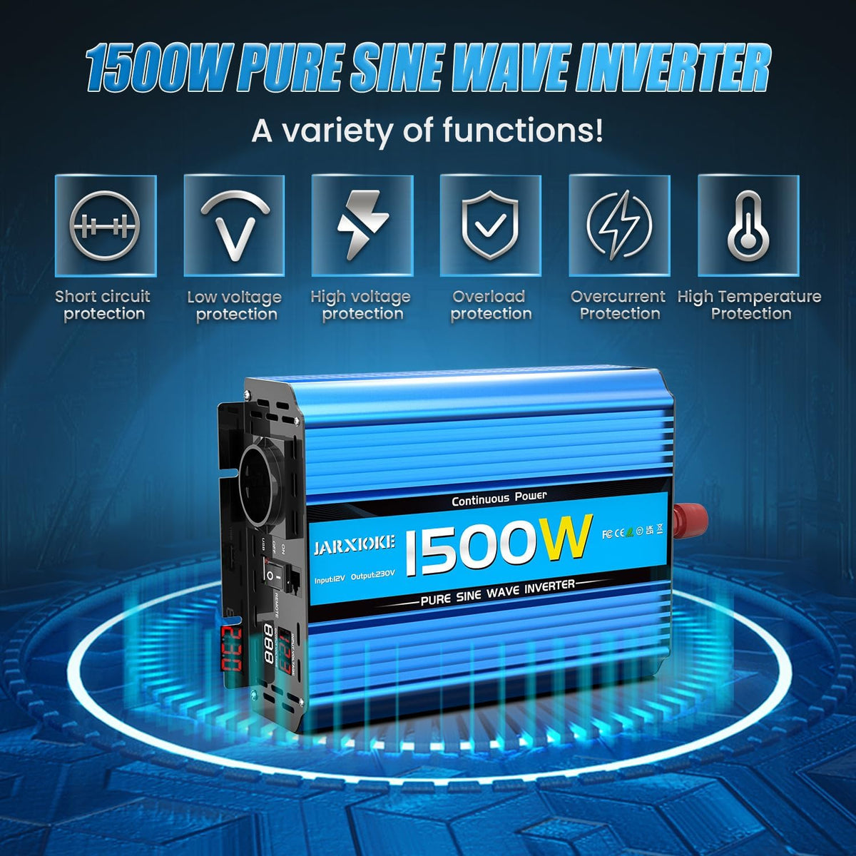 Omvormer Zuivere Sinus 1500W Spanningsomvormer 12v 220v 230v met LED-scherm, EU stopcontacten,USB-poorten Stroomomvormer Piek 3000W