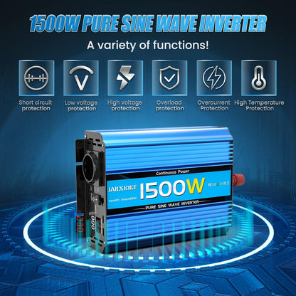 Omvormer Zuivere Sinus 1500W Spanningsomvormer 12v 220v 230v met LED-scherm, EU stopcontacten,USB-poorten Stroomomvormer Piek 3000W