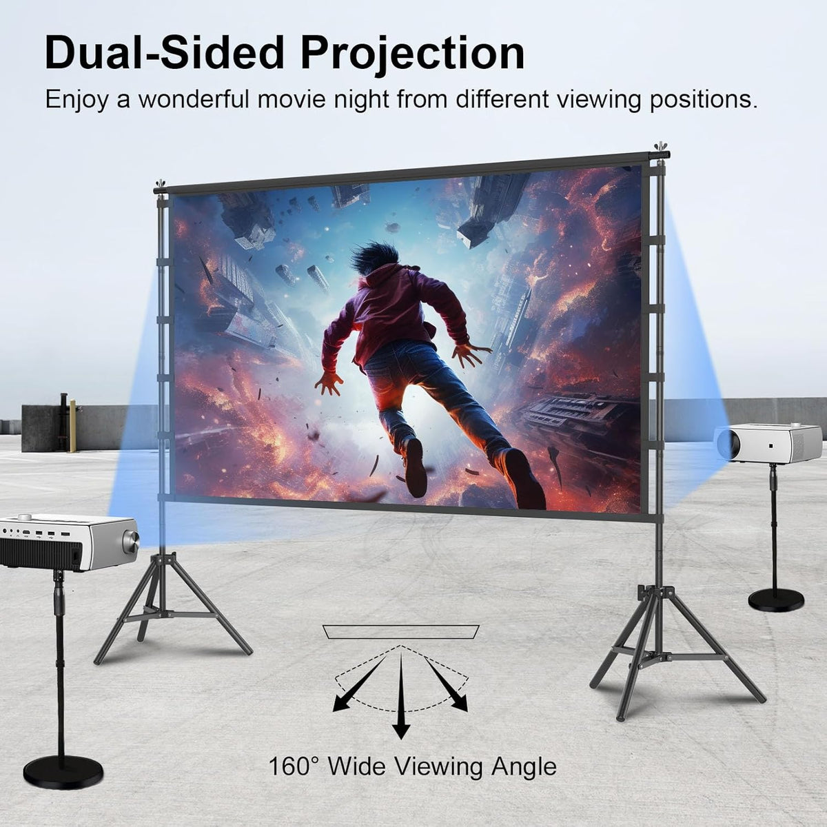 TOWOND 120 inch projectorscherm met standaard, opvouwbaar draagbaar 16:9 HD buitenprojectiescherm voor thuisbioscoop en tuin, projectie voor en achter, wasbaar, kreukvrij polyester met draagtas
