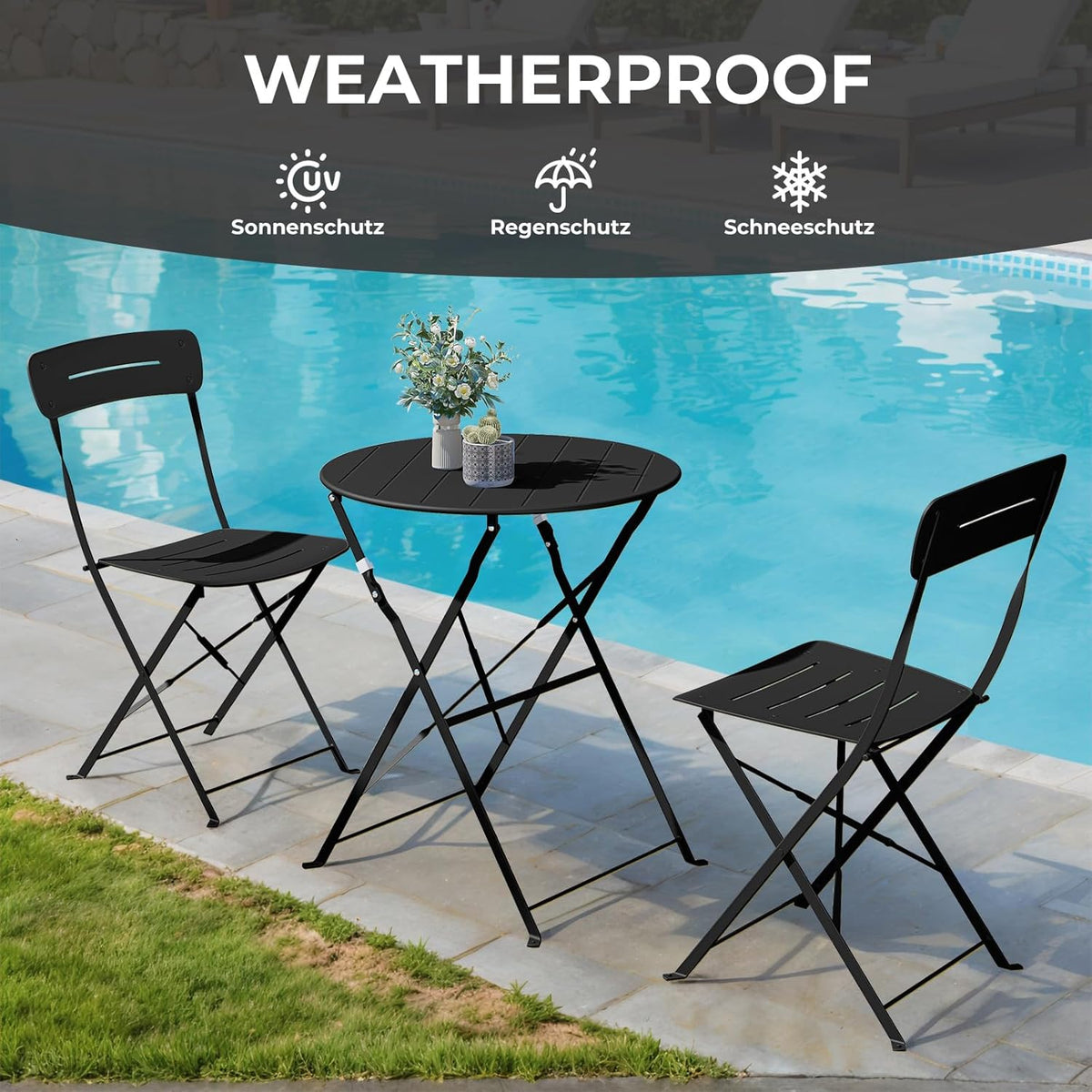Grand patio Bistrotafel met 2 stoelen, balkonmeubelset, 3-delig, terrasmeubels, weerbestendig, bistroset, balkon, tuin, meubelset voor klein balkon (zwart)