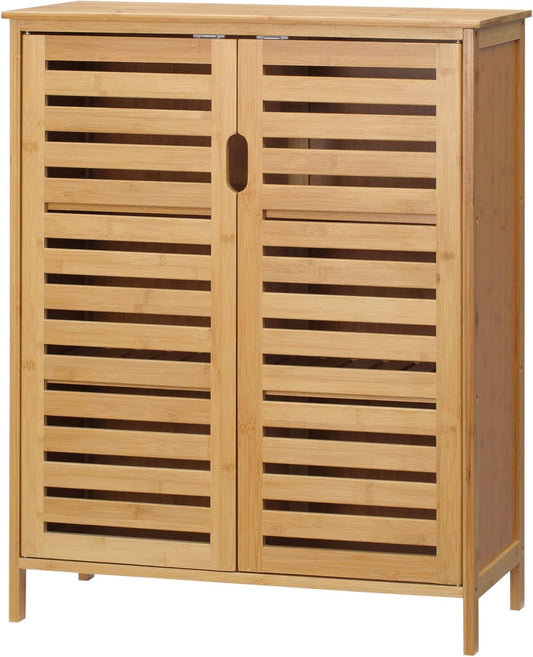 Badkamerkast – Badmeubel – Opbergkast – Toiletkast – Bamboekast – Natuurlijk Houtkleur – Compact Ontwerp – Ventilerende Lamellendeuren - QUORE