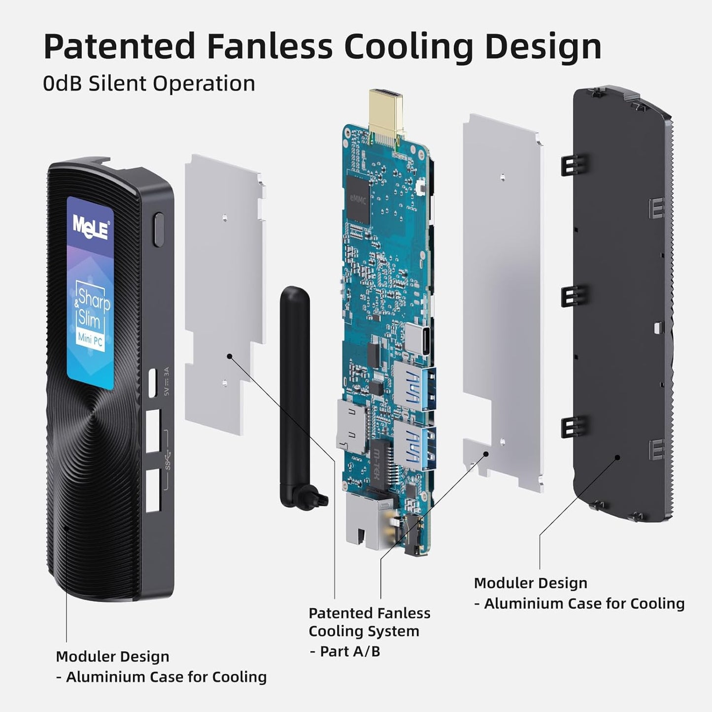 MeLE PCG02 Fanless Mini PC Stick, Celeron J4125 8GB 128GB Micro Desktop Computer Stick, Ondersteuning voor HDMI Wi-Fi5 Gigabit Ethernet, BT4.2 op Zakelijke Kantoor Industriële IoT Media Thuis