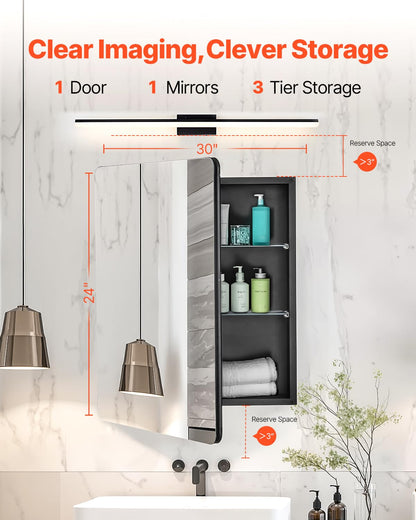 VEVOR Medicijnkast, 60 x 76 cm, voor badkamer met spiegel, aluminium frame, badkamerhangkast, 2-laags verstelbare planken, inbouw- en wandmontage