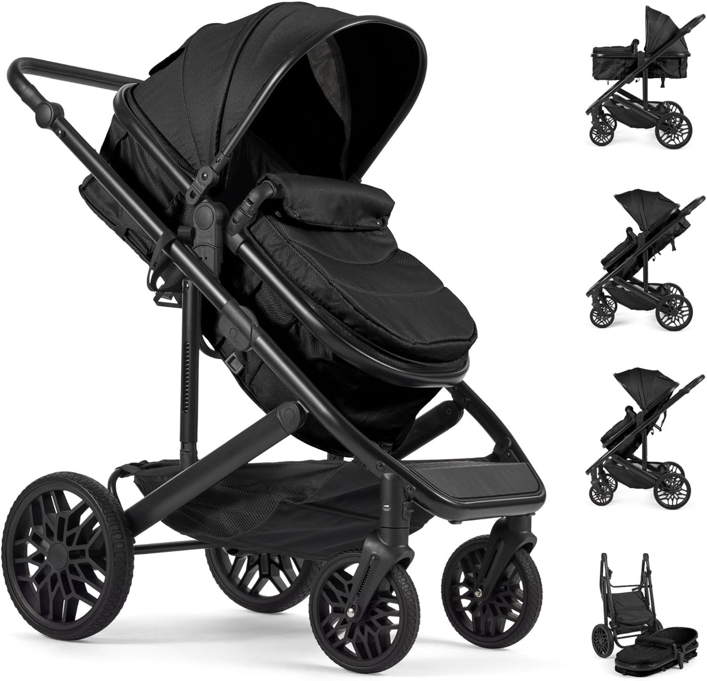 Lejoux™ Avant Reissysteem voor kinderwagen, grotere opvouwbare kinderwagen met reiswieg, 5-punts harnas, verstelbare zitting, extra grote mand en eenhandige vouwwagen, zwenkwielen en regenhoes (zwart)