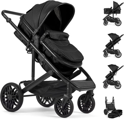 Lejoux™ Avant Reissysteem voor kinderwagen, grotere opvouwbare kinderwagen met reiswieg, 5-punts harnas, verstelbare zitting, extra grote mand en eenhandige vouwwagen, zwenkwielen en regenhoes (zwart)