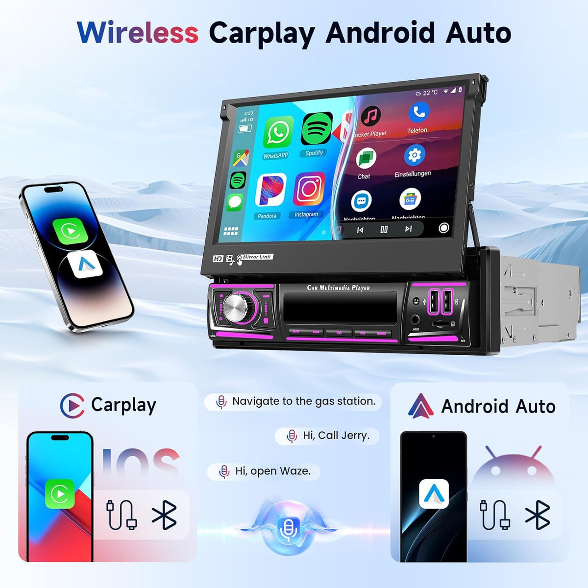 2G + 32G autoradio 1 Din met Carplay Android Auto draadloos, 6,9 inch touchscreen stereo auto ondersteuning Bluetooth 5.0 Radio FM RDS GPS Wi-Fi Mirror Link USB/Type-C achteruitrijcamera
