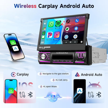 2G + 32G autoradio 1 Din met Carplay Android Auto draadloos, 6,9 inch touchscreen stereo auto ondersteuning Bluetooth 5.0 Radio FM RDS GPS Wi-Fi Mirror Link USB/Type-C achteruitrijcamera