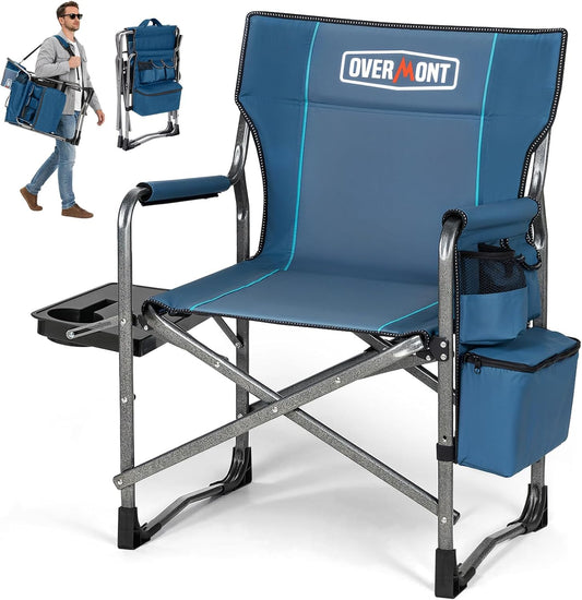 OVERMONT Oversize directors campingstoelen voor volwassenen - 180 kg zware opvouwbare buitenstoelen met opvouwbare bijzettafel en koeltas voor buiten, festival, barbecue, strand, picknick, vis