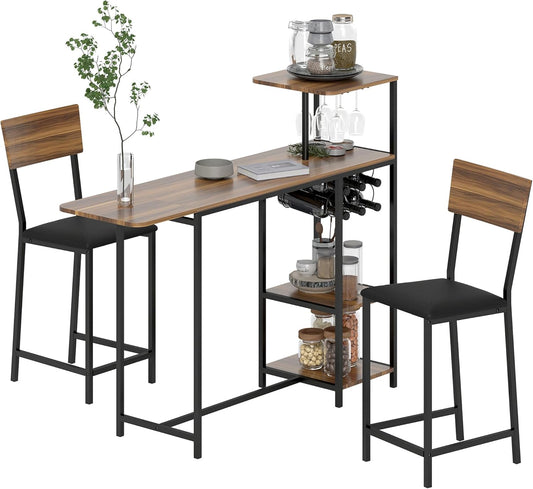 HOMCOM Bartisch mit Barhocker Set, 3-tlg. Bartisch-Set mit Klappbar Küchentisch, Weinglashalter Ablage, 2 Barstühlen, im Modern-Stil, Essgruppe für Esszimmer, Küche, Stahl, Braun - QUORE