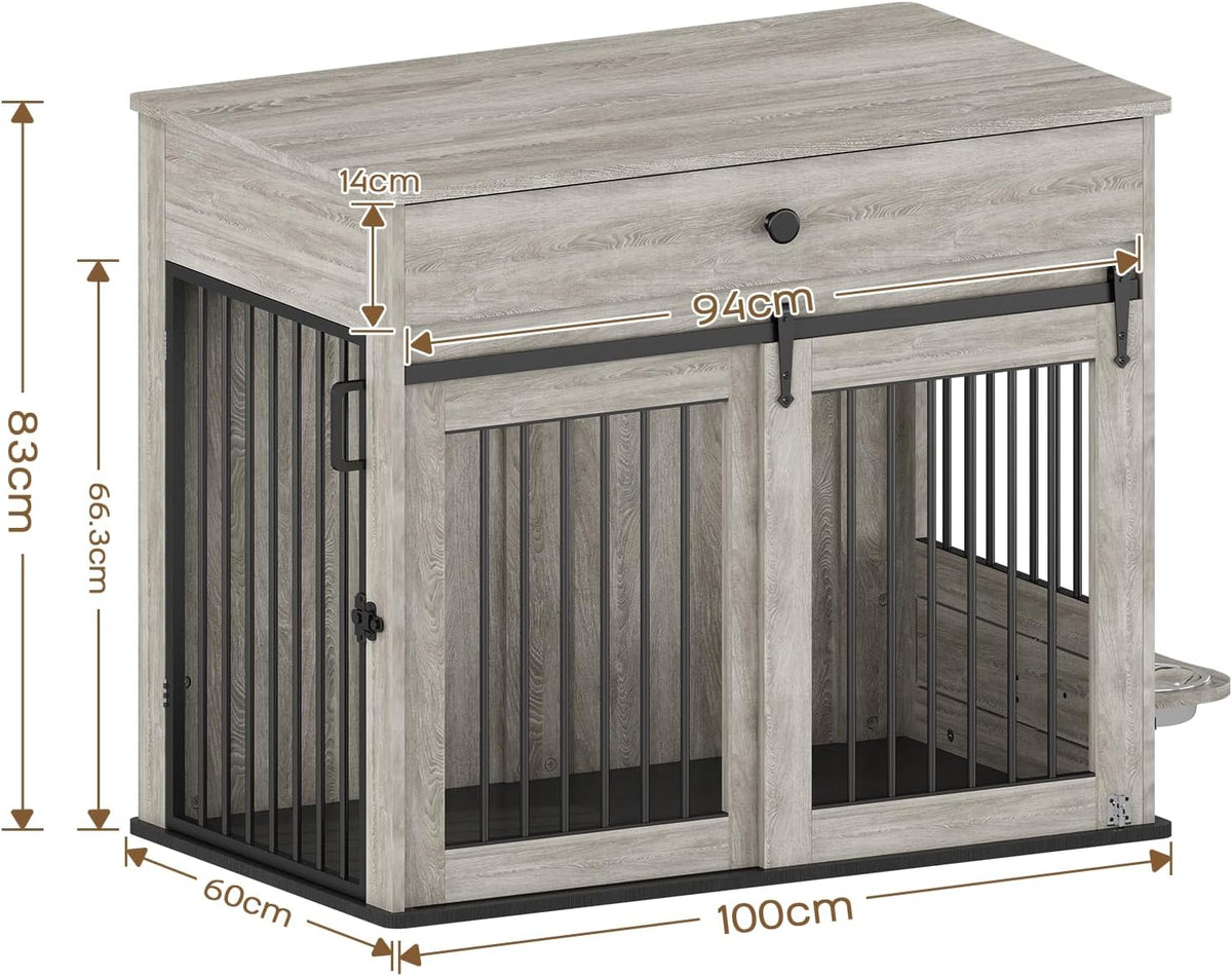 Hondenhok met Schuifdeuren, Multifunctionele Hondenbench als Slaatafel met La & 360° Draaibare Voerbak, Grijze Kast voor Binnenshuis, Grijs