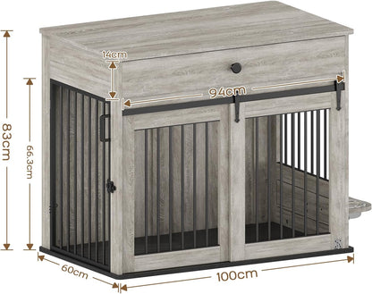 Hondenhok met Schuifdeuren, Multifunctionele Hondenbench als Slaatafel met La & 360° Draaibare Voerbak, Grijze Kast voor Binnenshuis, Grijs