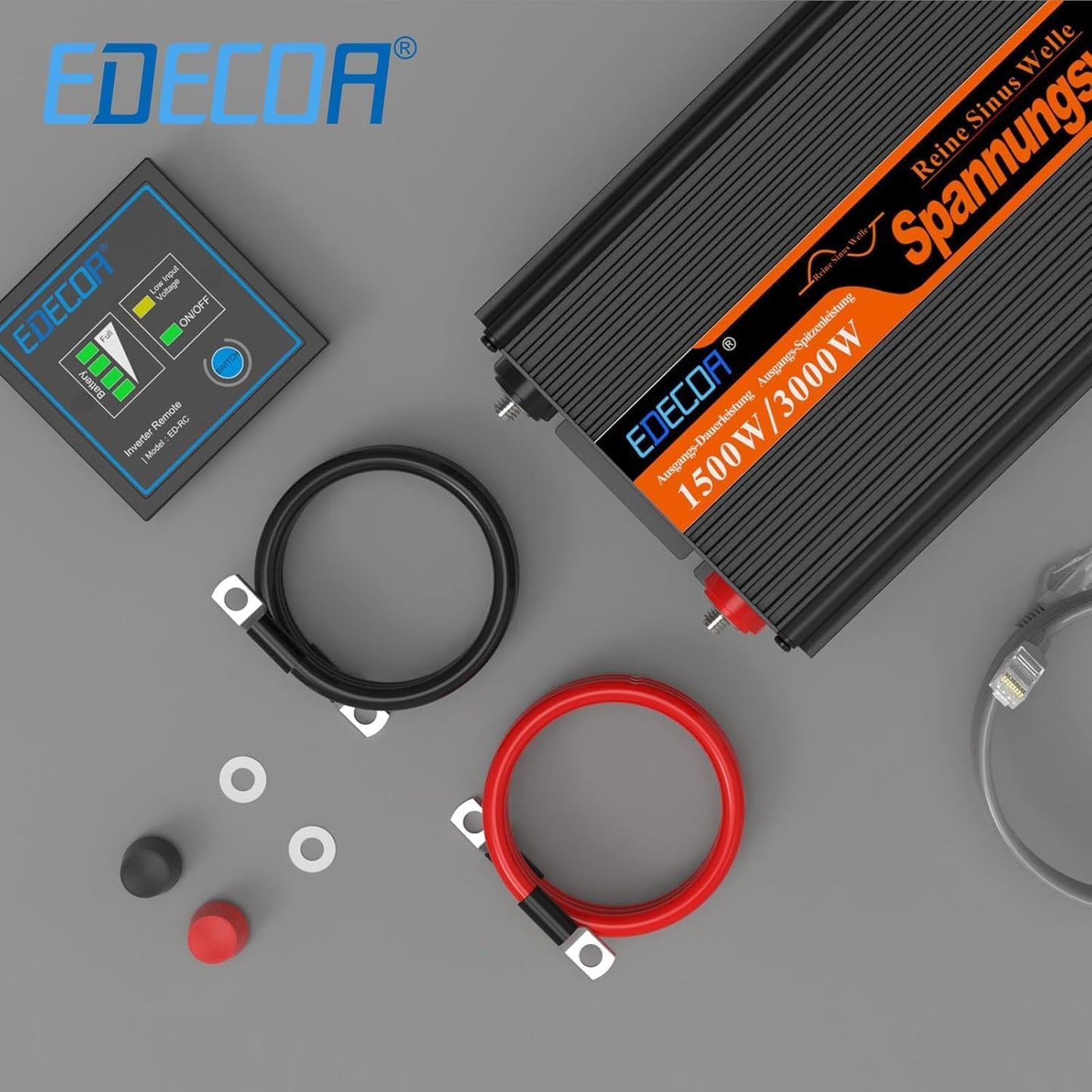 EDECOA 1500 W/3000 W 24 V 230 V omvormer zuivere sinus spanningsomvormer 24 V naar 220 V converter met afstandsbediening en 2 USB LCD-scherm met informatie over de omvormer