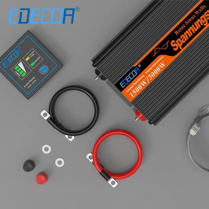EDECOA 1500 W/3000 W 24 V 230 V omvormer zuivere sinus spanningsomvormer 24 V naar 220 V converter met afstandsbediening en 2 USB LCD-scherm met informatie over de omvormer
