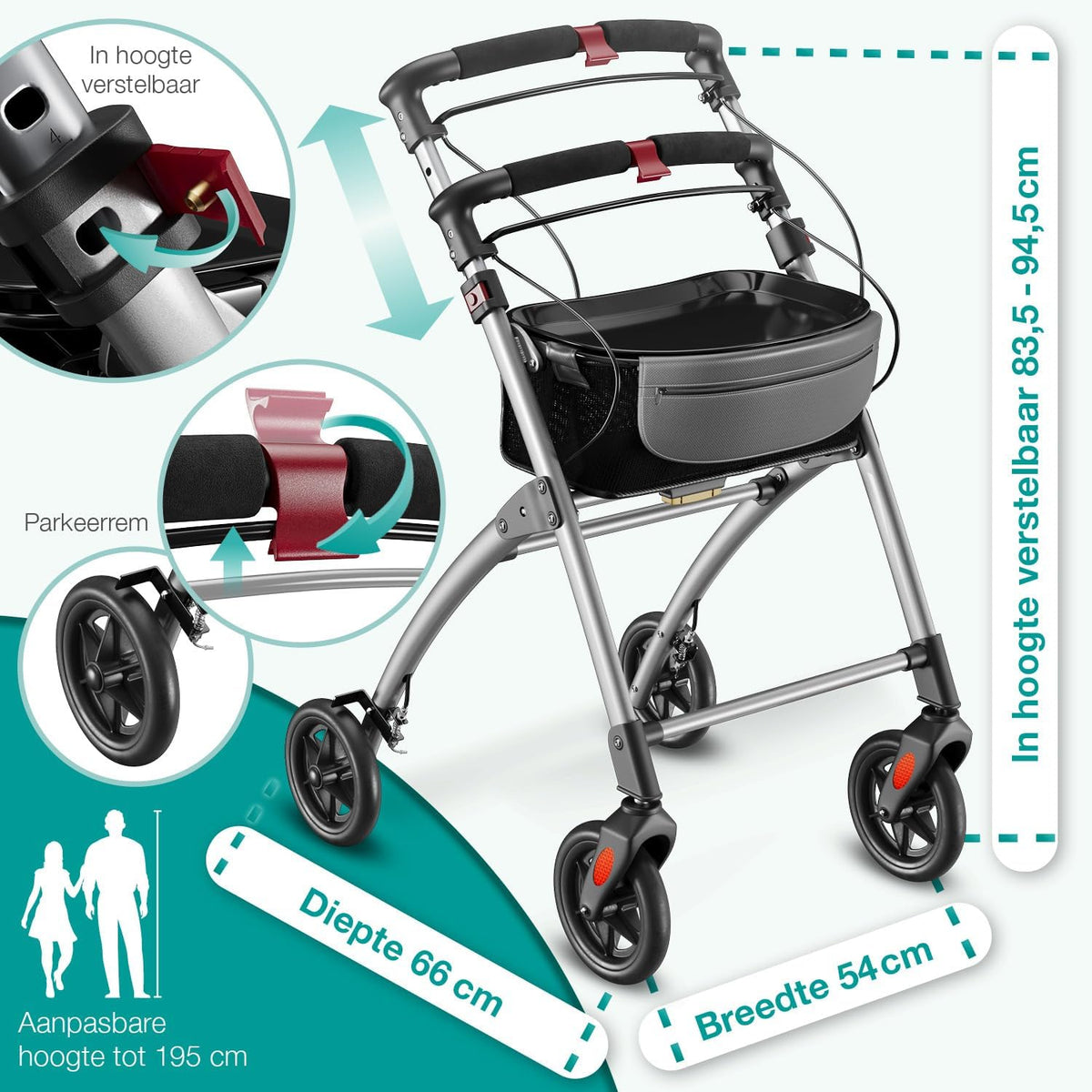 ELONEO Lichtgewicht Rollator voor Binnen - 54 cm Breed, Opvouwbaar Looprek met Dienblad en Stoffen Mandje, Smalle Rollator van Aluminium, Inklapbaar Mobiliteitshulpmiddel, Zilver