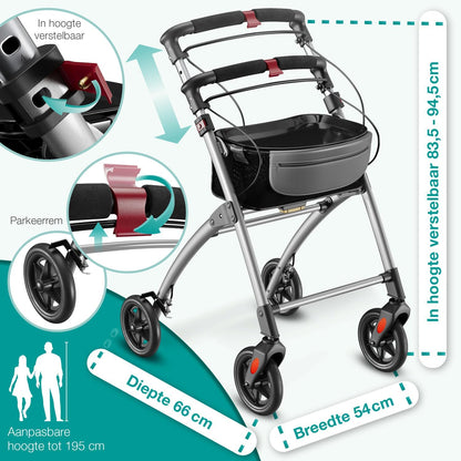 ELONEO Lichtgewicht Rollator voor Binnen - 54 cm Breed, Opvouwbaar Looprek met Dienblad en Stoffen Mandje, Smalle Rollator van Aluminium, Inklapbaar Mobiliteitshulpmiddel, Zilver