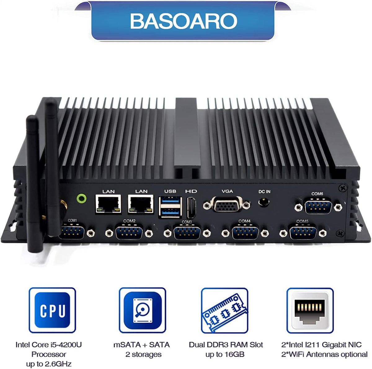 BASOARO Industriële PC Win 10 Fanless PC i5 4200U Mini Desktop Computer, Dual Gigabit RJ45 LAN, 8GB RAM 128GB SSD, HD VGA Dual 4K Display, WiFi, BT, 6 USB