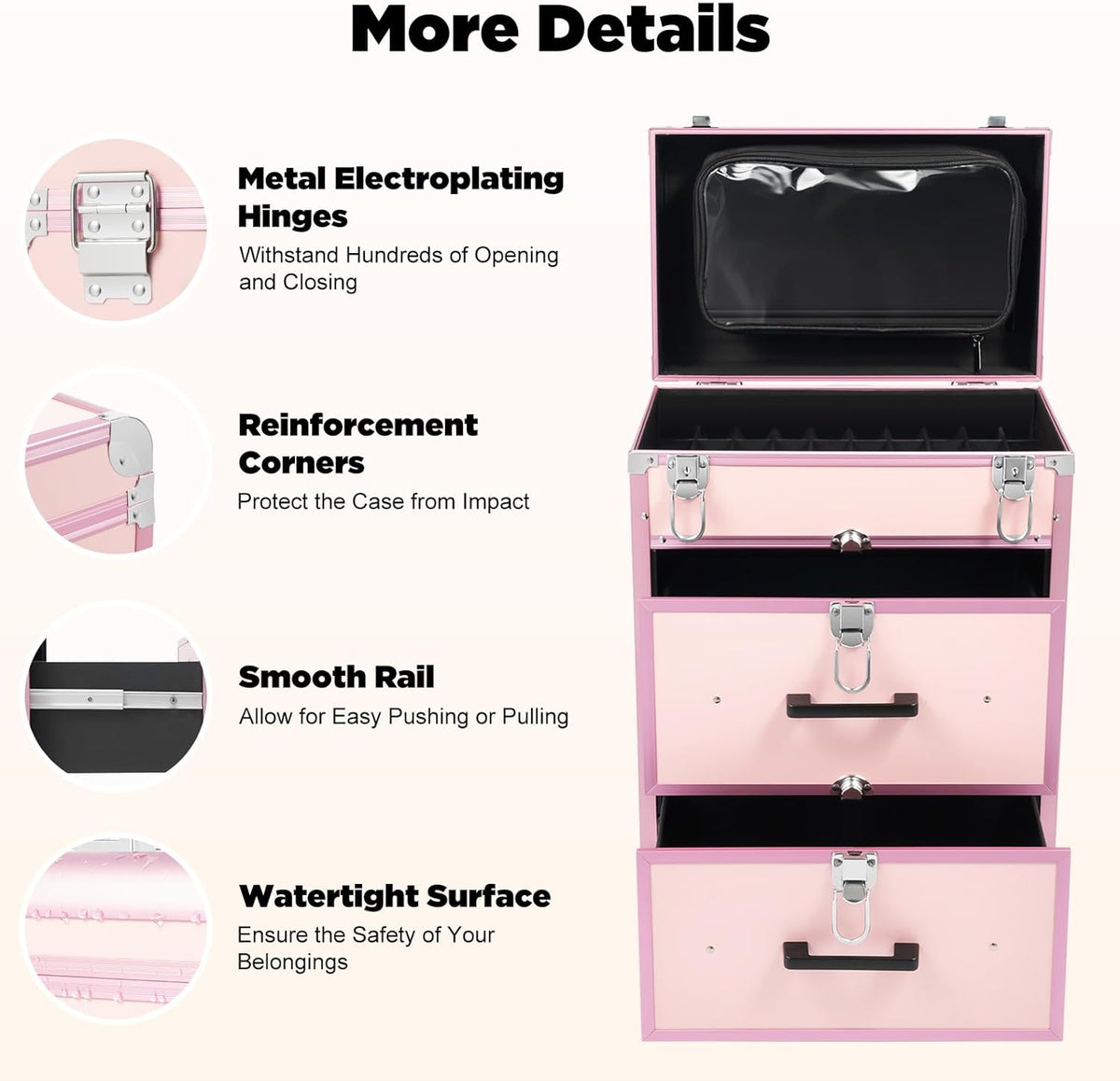 OUKANING Cosmetic Case Trolley 40 Compartments + 2 Drawers 50 kg Load Capacity 4 Universal Wheels & Locks for Make-Up Hairdressing Supplies Low Noise, pink, modern - QUORE