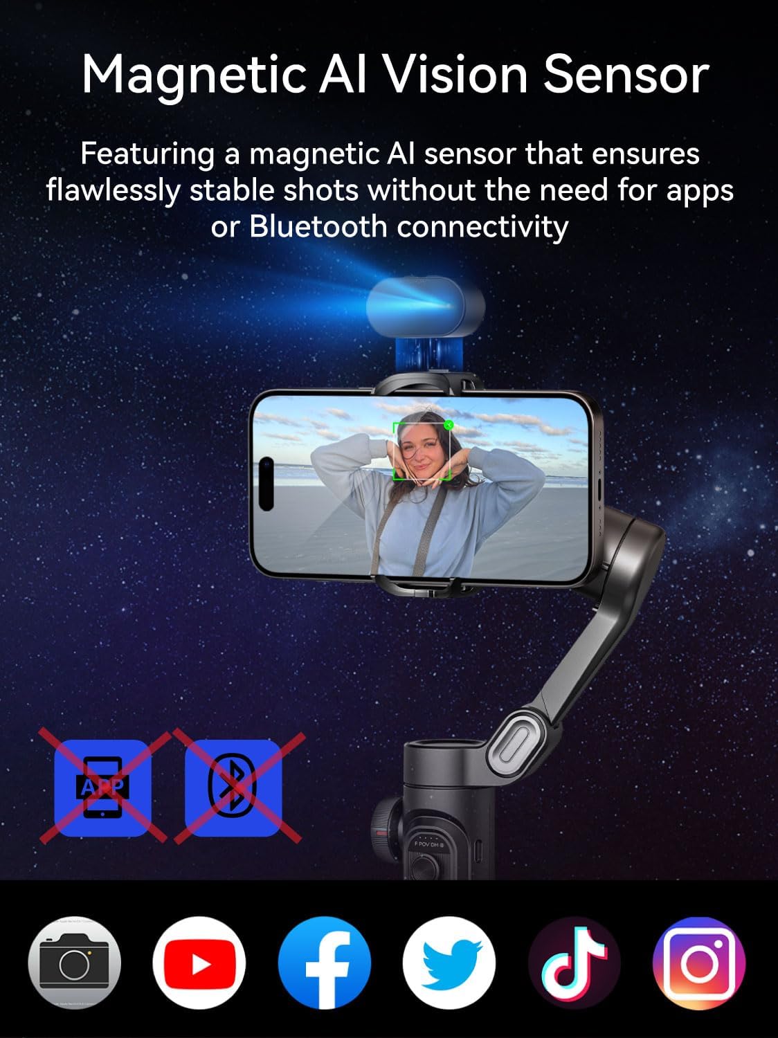 AOCHUAN Telefoongimbal voor iPhone/Android, 3-assige AI-trackingsensor, focuswiel, 8.0 anti-shake voor video-opname