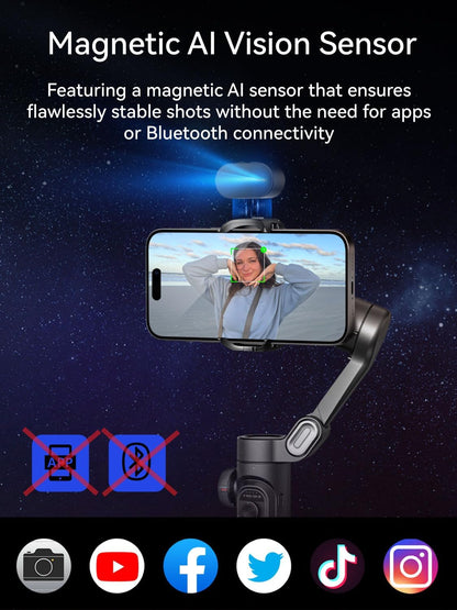AOCHUAN Telefoongimbal voor iPhone/Android, 3-assige AI-trackingsensor, focuswiel, 8.0 anti-shake voor video-opname