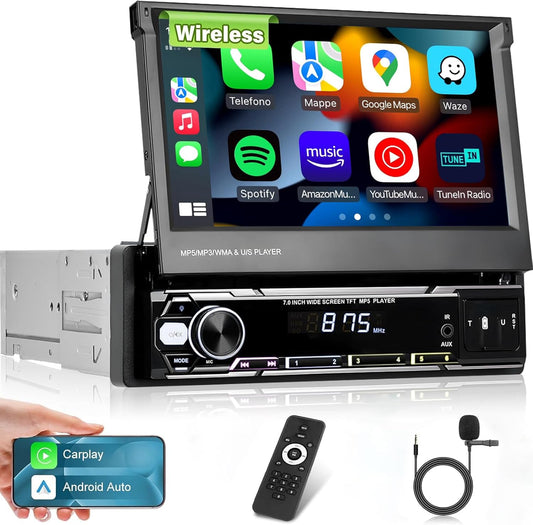 NHOPEEW Din autoradio met schermondersteuning Draadloos Carplay en Android Auto - 7 inch HD uitklapbaar touchscreen autoradio met GPS Mirror Link SWC FM/AM/RDS AUX USB U Disk + microfoon