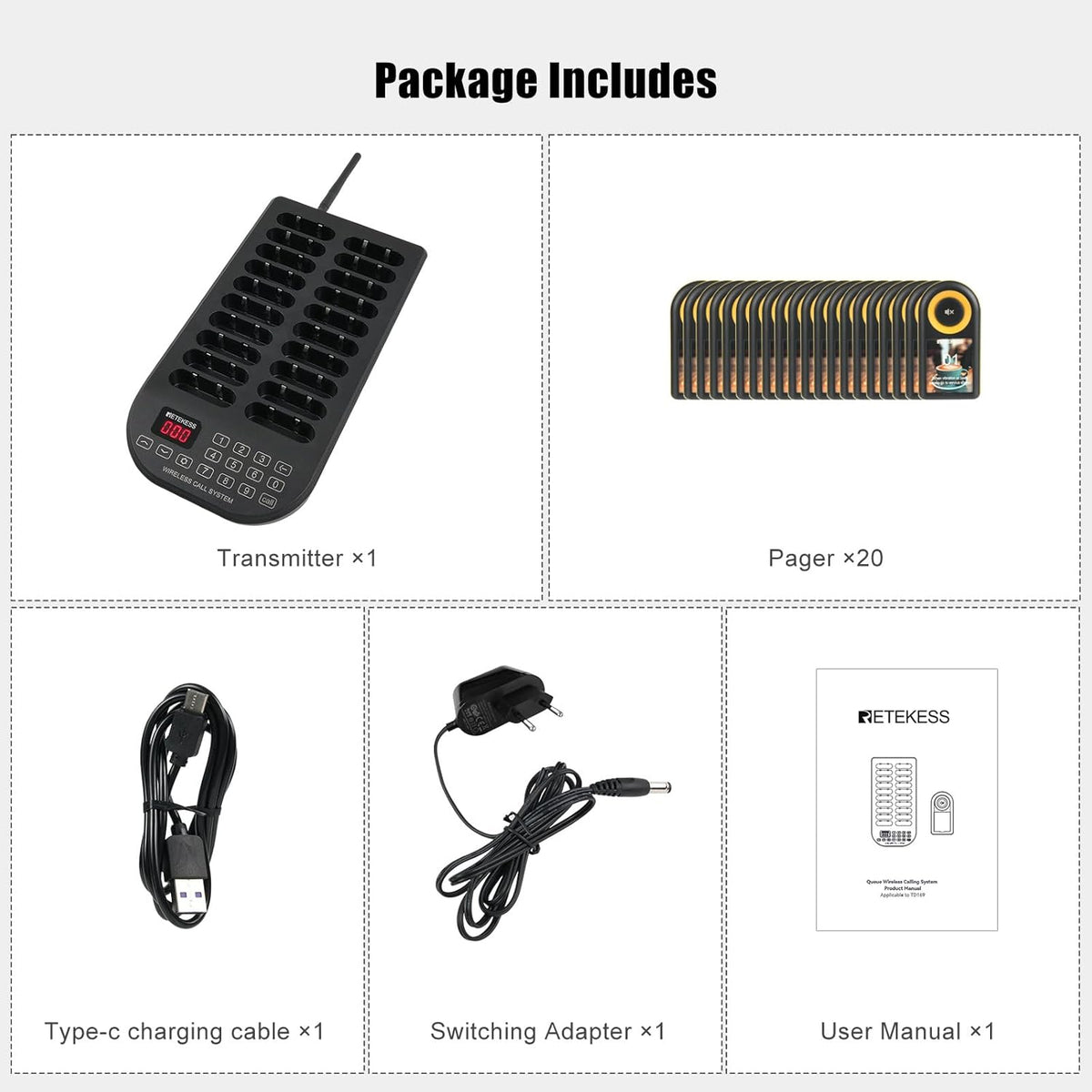 Retekess TD169 Call System Restaurant, Pager System, 500M, Alarm Outside Range, 7 Ringtones, 31 Prompt Modes, 24 Hours Stand By Time, IP67, Calling System Pager for Cafe, Bars, Hotel (20 Pagers) - QUORE