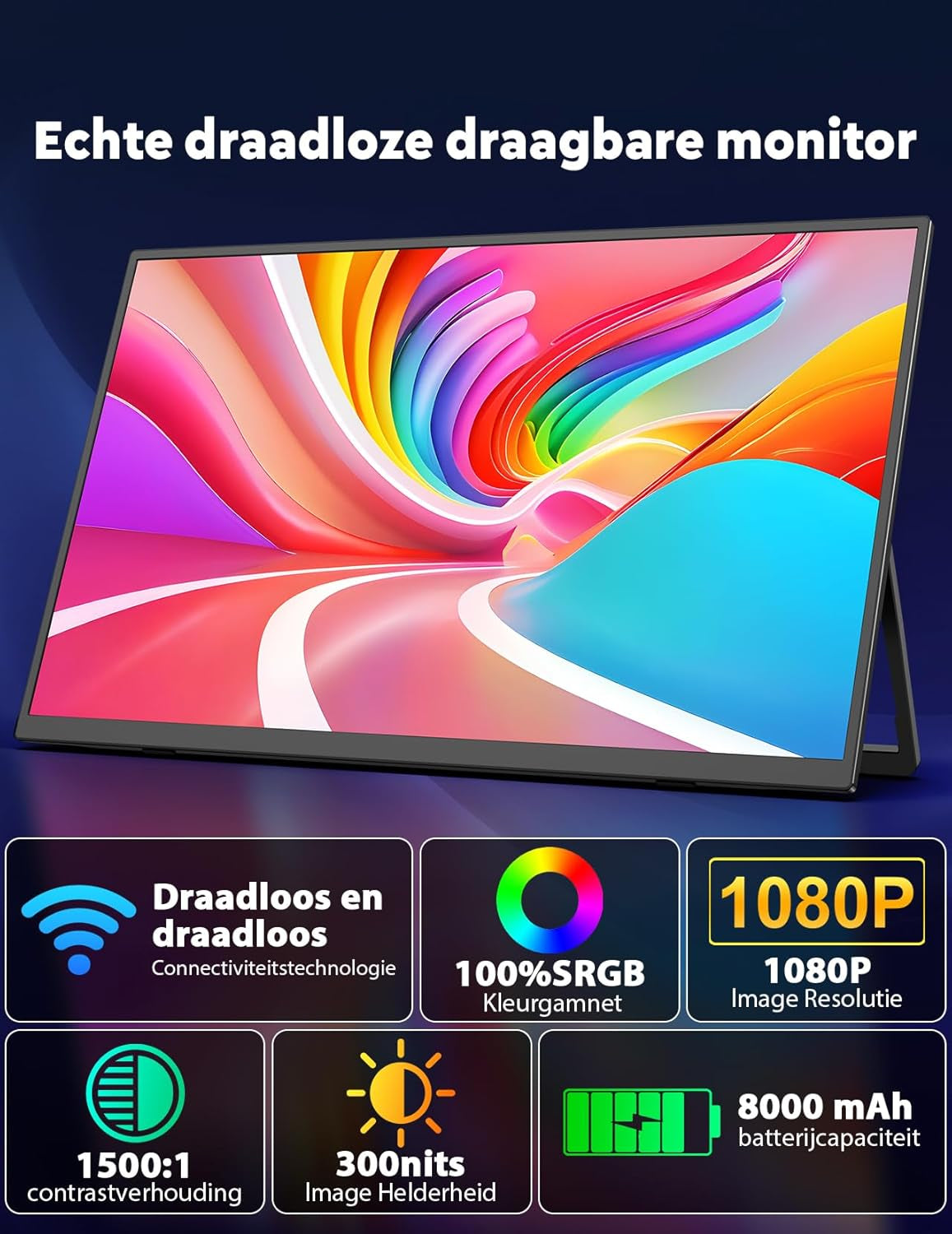 Draadloze Draagbare Monitor – Extra Scherm – Laptop Schermvergroter – Portable Scherm – Tweede Scherm – 15,6 Inch Full HD IPs – Ingebouwde 8000MAH Batterij & Speakers