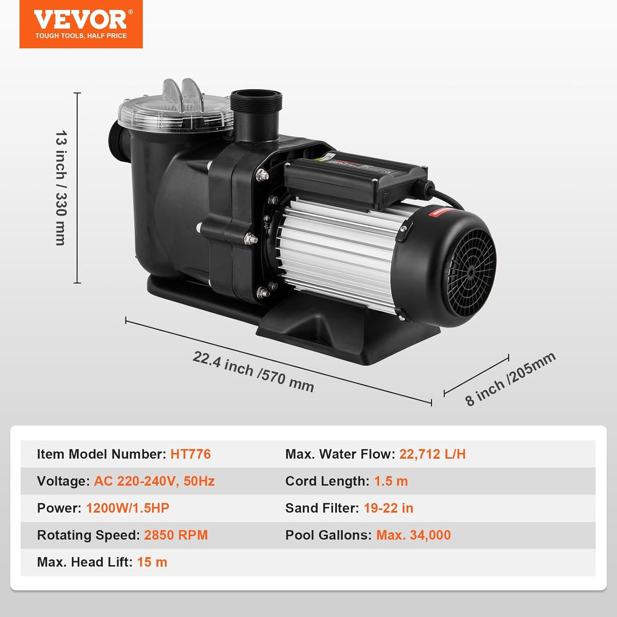 VEVOR Bovengrondse zwembadpomp, 1200 W, eenspeed zwembadpomp 100 GPM, snelheid 2850 omw/min, zwembadpomp met hefkop, max. 15 m, met filtermand, voor bovengrondse zwembaden, spa's