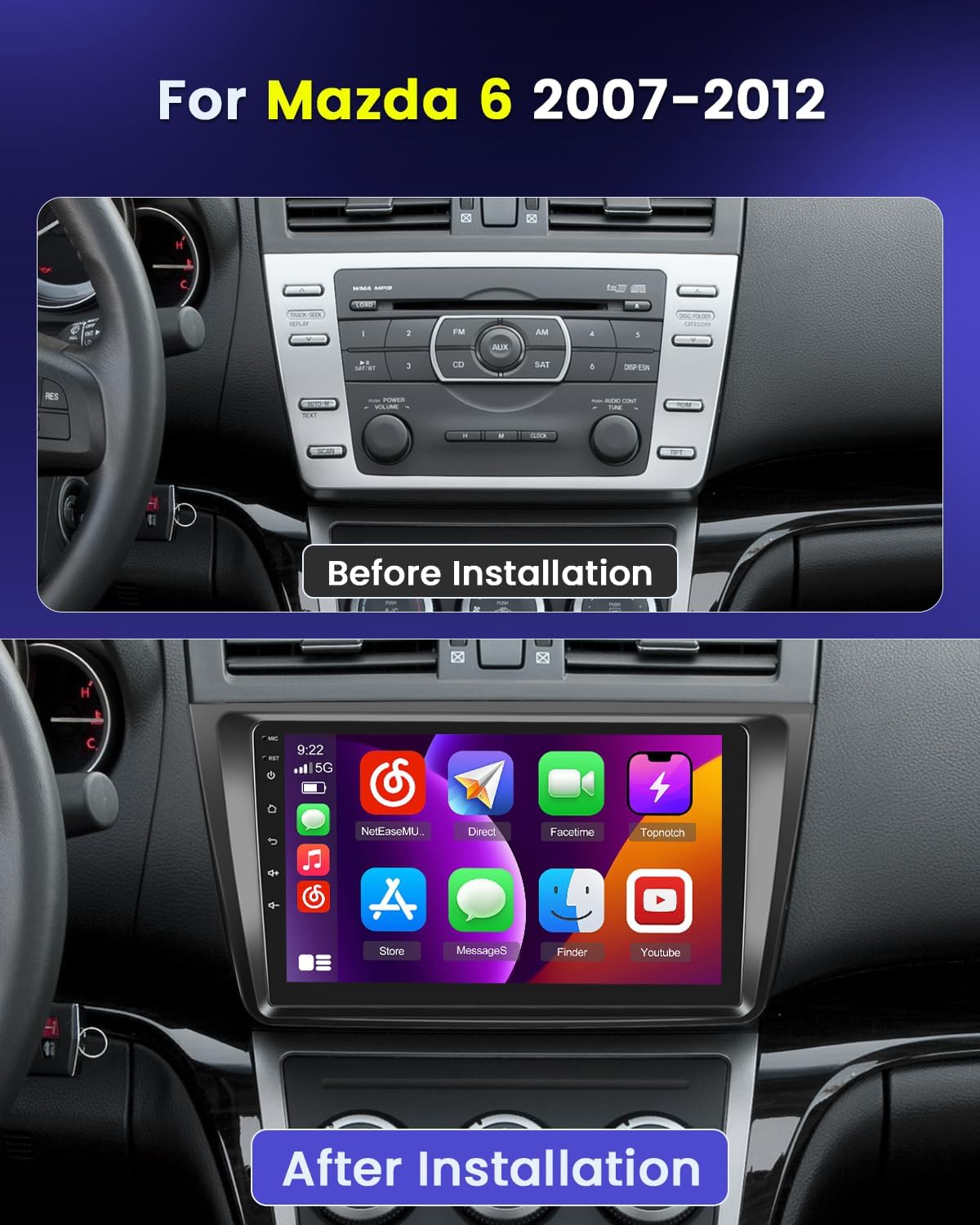 Hikity autoradio Android 15 met Wireless CarPlay en dashcam voor Mazda 6 (2007-2012), 9 inch RDS GPS-stereo met WiFi, SWC Mirror Link + Canbus