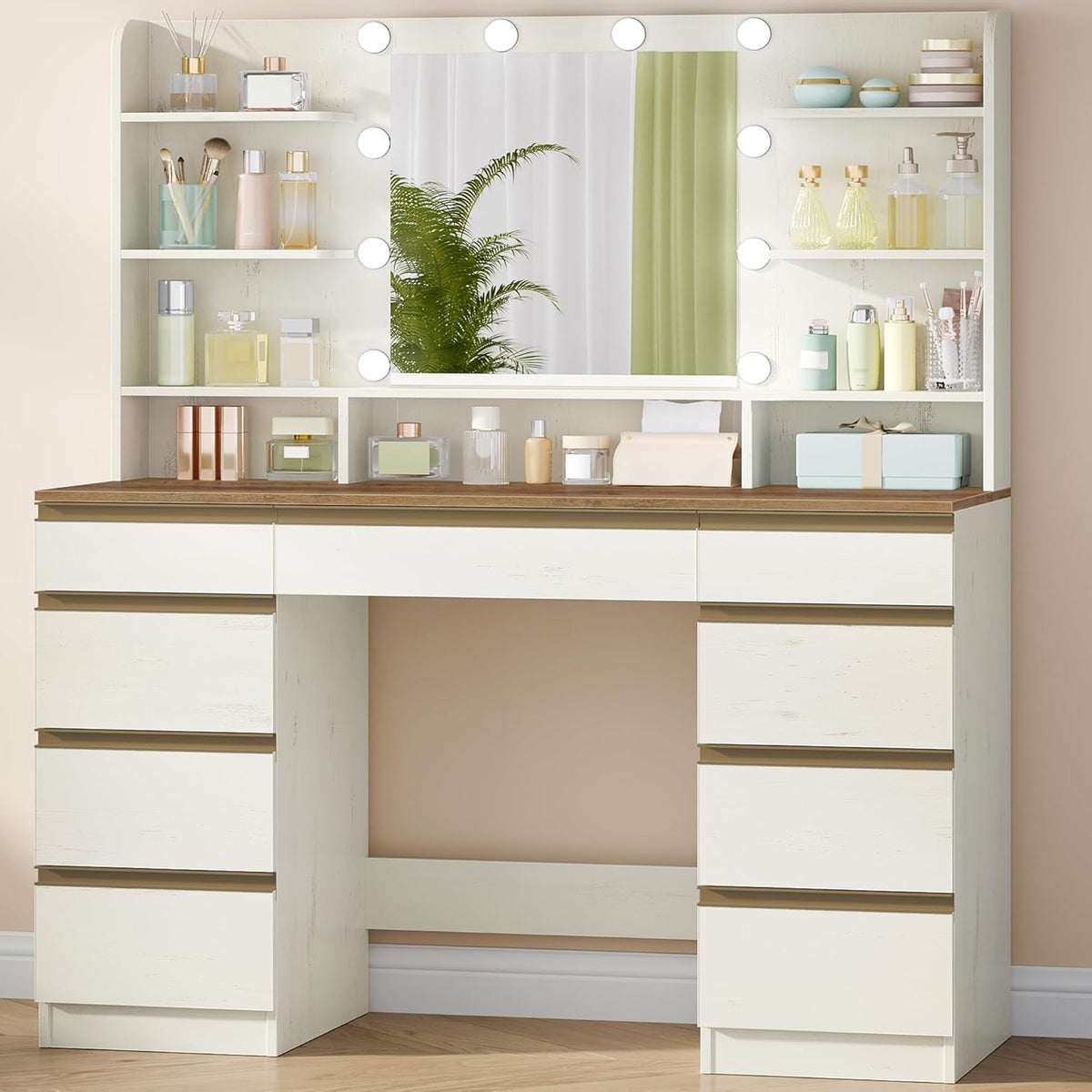 Hzuaneri Large Dressing Table with LED Lighting, 10 LED Light Globes, 3 Colours, Adjustable Brightness, Dressing Table with Mirror, 9 Drawers, 9 Open Shelves, Modern Style, White-Brown DT35714X