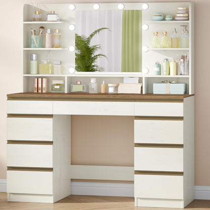 Hzuaneri Large Dressing Table with LED Lighting, 10 LED Light Globes, 3 Colours, Adjustable Brightness, Dressing Table with Mirror, 9 Drawers, 9 Open Shelves, Modern Style, White-Brown DT35714X