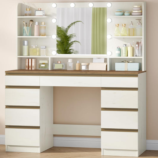 Hzuaneri Large Dressing Table with LED Lighting, 10 LED Light Globes, 3 Colours, Adjustable Brightness, Dressing Table with Mirror, 9 Drawers, 9 Open Shelves, Modern Style, White-Brown DT35714X