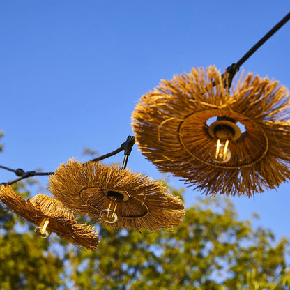 Lichtsnoer voor buiten, aansluitbaar, 85,8 m, met 140 ledlampen, E27, warmwit, TAHITI LIGHT, lampenkap van bohemien stro