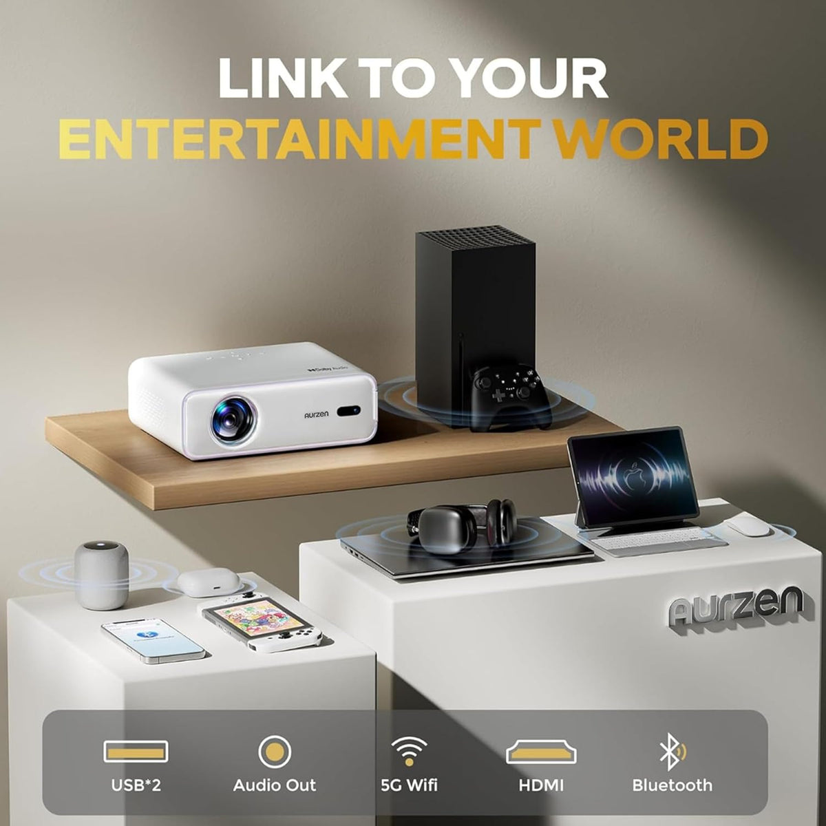 AURZEN Eazze Videoprojector, 4K, officieel, NetfIix, DoIby, Auto Focus/Keystone, HDR10, mini-beamer, wifi, bluetooth, draagbaar, Full HD 1080p, videoprojector
